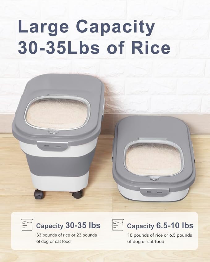 20-30 Lbs Rice Storage Container,Collapsible Food Storage Containers | Flour Storage Container with Wheels Airtight Locking Lid,Rice Container with Cup and Scoop,Suitable for Rice,Pet Food,Flour