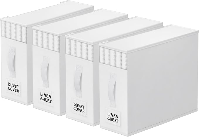 StorageTastic 4 Pack Bed Sheet Closet Organizers and Storage,Sturdy Foldable Storage Containers with Window and Label,Storage and Organization for Bedding Sheets,Duvet Covers,Blankets (White)