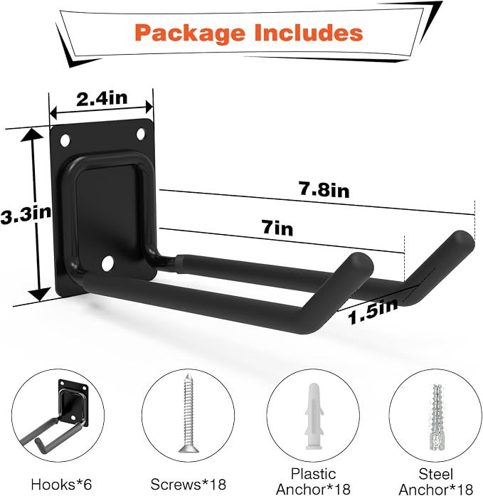 6 Pack 7.8 Inch Heavy Duty Garage Hooks, Ladders Storage Wall Mount Hanger | Non Slip & Anti-Rust Coated Steel Utility Hooks | Tool Organizer for Tires Bikes Shed Chair Ladder Ski and Power Tools
