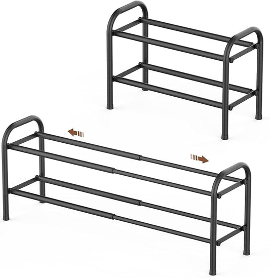 Gonfoam Expandable 2-Tier Shoe Rack for Closet and Entryway, Black | Tool-Free Assembly, Metal Material, Adjustable Shoe Organizer, Sturdy, Small Space Solution, Dorms, Garages, Apartments.