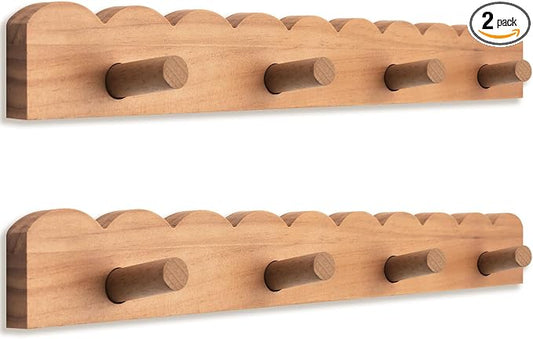 Leinuosen 2 Pack Scalloped Coat Rack Wall Mount Cute Nursery Wall Hook 16 Inch 8 Hooks Wood Backpack Hanger for Toddler Kids Clothes Hat Towel Keys Bathroom Classroom Playroom Nursery Decor