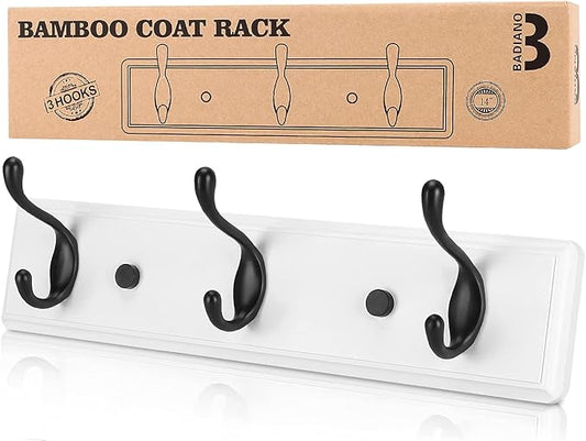 Badiano Wooden Coat Rack, Wall-Mounted Organizer for Closet, Entryway, Hallway, Foyer, Bedroom, Heavy Duty Double Hooks for Hanging Towels, Bags, Hats, Jackets, Key (WhiteBlack, 3 Hooks)
