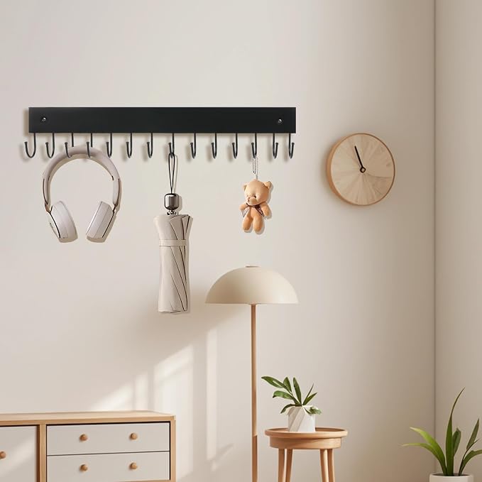 2-Pack Key Holder Wall Mount, 14.6" Key Rack with 28 Rotating Metal Hooks | Natural wood wall key hanger, 28 rotating metal hooks, for entryway, hallway & apartment decor, space-saving, Black