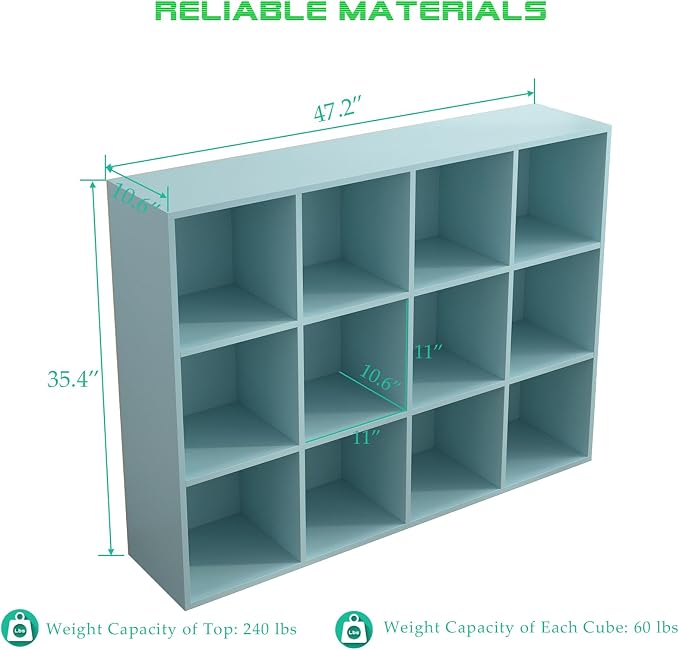 OSCHF 12-Cube Storage Shelf Bookcase, Light Blue | Wooden 3-Tier Open Bookshelf, Fits 11×11" Bins, Vertical or Horizontal Use, Full Back Panels, For Home Office