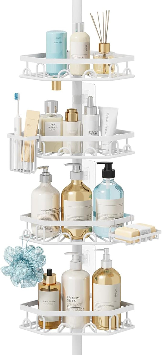 Consumest Shower Caddy Tension Pole - 4 Tier Corner Shower Shelves with Brush & Soap Holder, 304 Stainless Steel Rustproof Adjustable Organizer Rack for Bathtub, Bathroom, 27.6-108.3 Inch, White