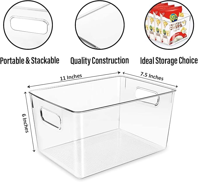 Clear Plastic Storage Bins, Perfect for Kitchen Organization or Pantry Organization and Storage, Laundry Room, Fridge, Freezer Organizer Plastic Storage Containers for Organizing, Cabinet Organizers