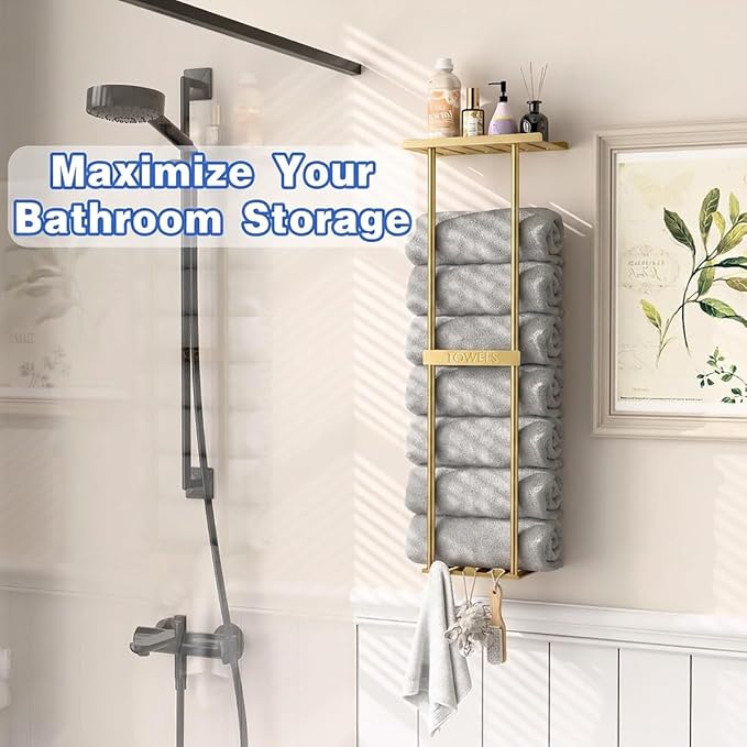2-Tier Wall-Mounted Towel Rack with Hooks & Shelf, Black Metal Towel Holder for Small Bathrooms (Gold)