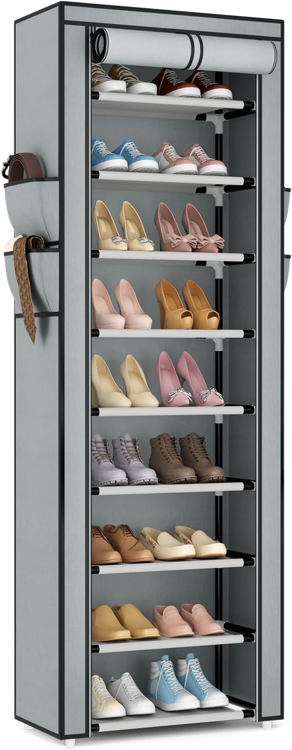 VILICK Shoe Rack with Cover Narrow Shoe Rack Organizer with 4 Side Pockets 10 Tier Tall Shoe Storage Shoe Shelf Holds 18-22 Pairs Shoes and Boots Shoe Rack for Closet, Grey