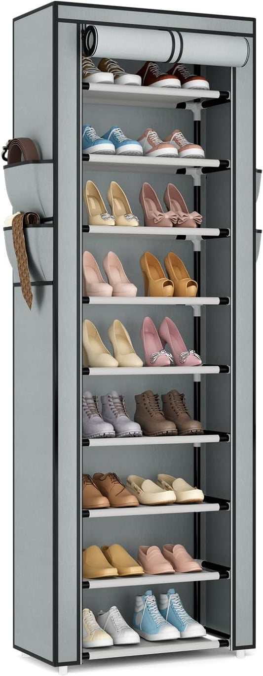 VILICK Shoe Rack with Cover Narrow Shoe Rack Organizer with 4 Side Pockets 10 Tier Tall Shoe Storage Shoe Shelf Holds 18-22 Pairs Shoes and Boots Shoe Rack for Closet, Grey