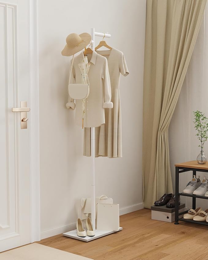 Z-Shaped Metal Clothing Racks,Freestanding Coat Tree,68.9in,White | Coat Racks with Strong Load-Bearing Capacity, Clothes Hanger Stand with Natural Rock Base, Suitable for Outerwear,Handbags