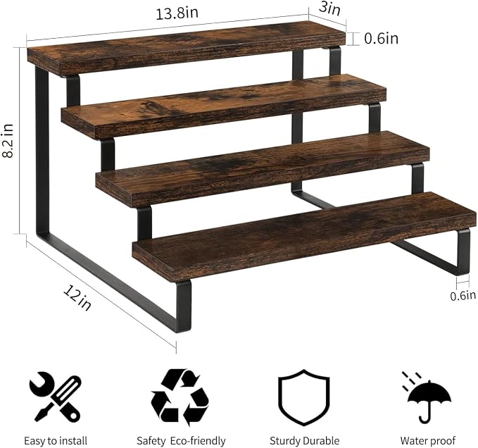 YINMIT Wooden Display Riser Stand, Tiered Perfume and Cologne Organizer Stand, 4 Tier Spice Rack Organizer, Rustic Display Shelf for Candles (4 Tier)