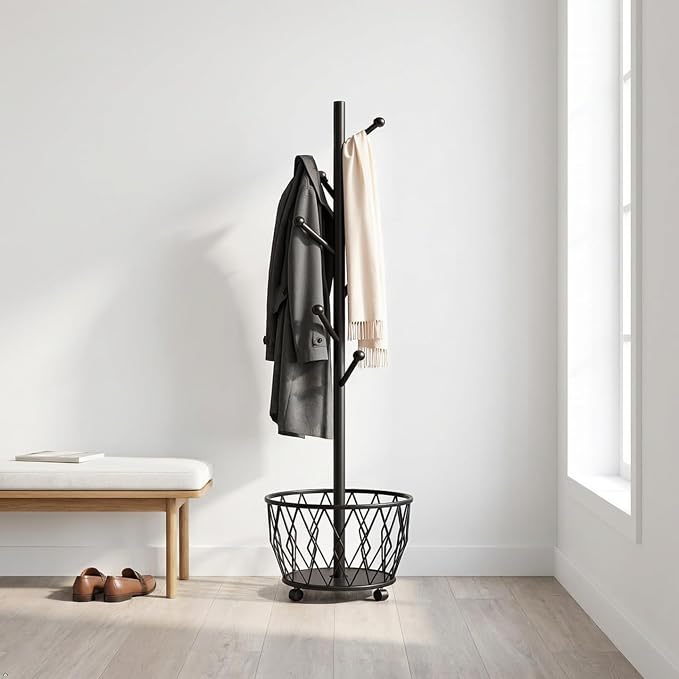 Black Moveable Tree Metal Coat Rack with Basket Freestanding 65" | Organizer for Scarf Jacket Hat Bags Ideal for Home Entryway Bedroom Corner Stable