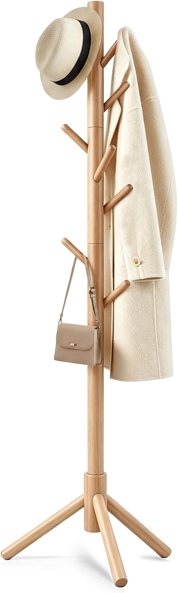 Wooden Coat Rack Freestanding | Coat rack with 8 Hooks & 3 Adjustable Sizes for Clothes, Space-Saving Design for Bedroom Office Entrance Holds Hats Coats