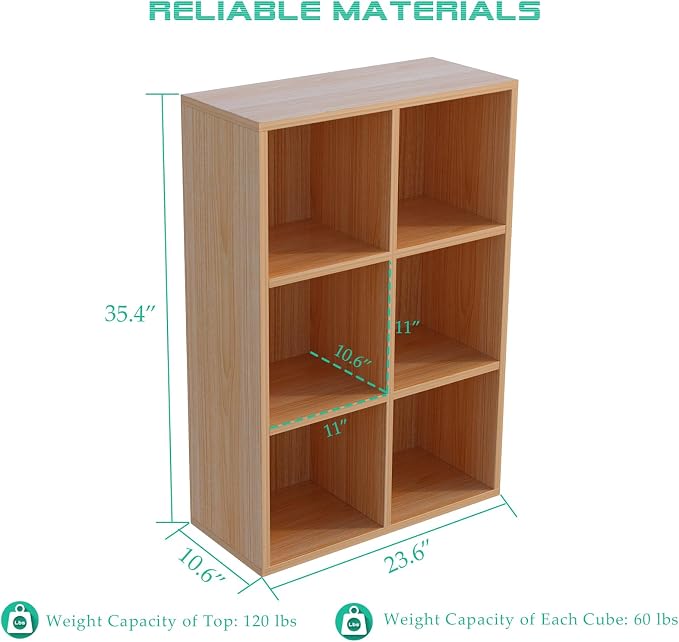 OSCHF 6-Cube Storage Shelf Bookcase, Oak | Wooden 3-Tier Open Bookshelf, Fits 11×11" Bins, Vertical or Horizontal Use, Full Back Panels, For Home Office