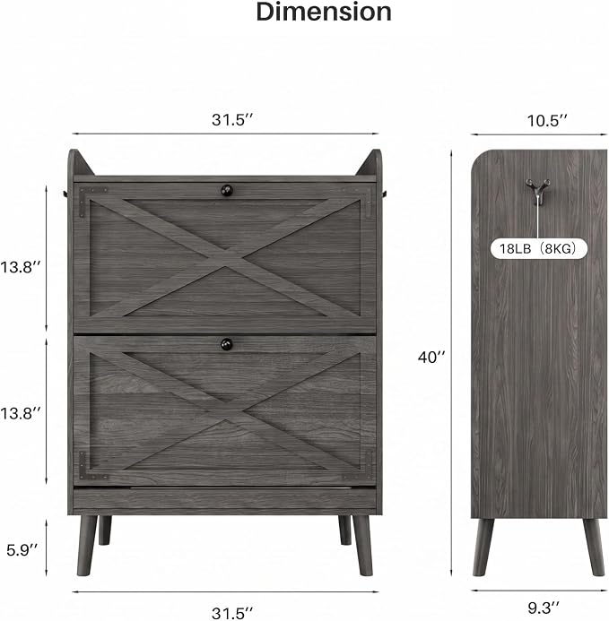 YZ HOME Shoe Storage Cabinet with 2 Flip Drawers | Entryway Shoe Cabinet, Metal Hooks & Adjustable Shelves, Freestanding Narrow Shoe Rack for Hallway Foyer, Grey