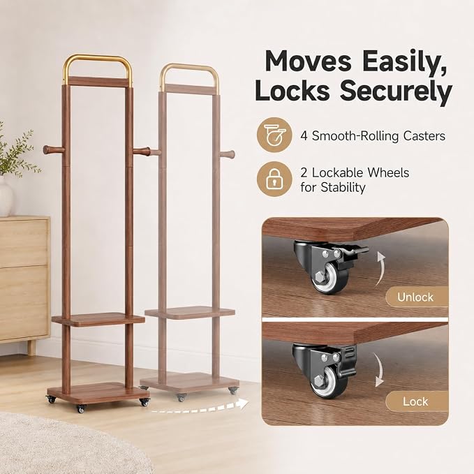 Solid Rubberwood Coat Rack – 71.2" Tall Standing Rack with Locking Wheels, 2-Tier Shelves & Side Hooks, Slim Hall Tree for Entryway or Bedroom (Walnut Brown 15.7" W x 71.2" H)