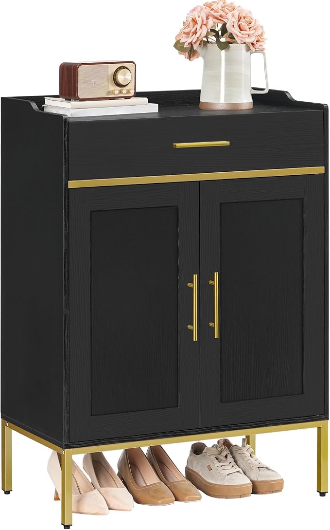 HOOBRO Shoe Cabinet with Doors and Drawer, Holds 12–18 Pairs, Large Capacity Shoe Storage Cabinet with Adjustable Shelves, Freestanding Wooden Shoe Organizer for Entryway, Black DB14SC01
