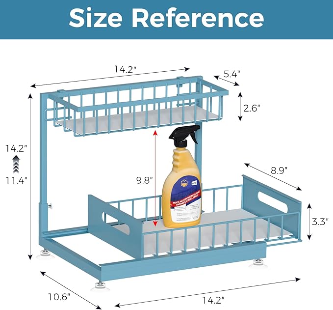 Saydear L-Shaped Under Sink Organizer, 2-Tier Pull-out Cabinet Rack 1-Pack | Teal Height-Adjustable Steel Rack, Sliding Grid Drawers with PP Liners, Holds 100 Lbs, Suction Base, Ideal Kitchen Storage