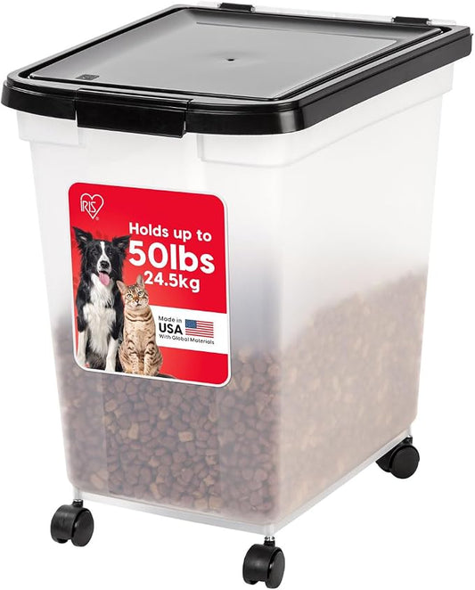 IRIS USA Dog Food Storage Container, Up to 50 lbs, Black, Made in USA | Wheels for Mobility, Airtight Seal, BPA-Free, Best for Bird Seed, Cat food, Cat Litter, Chicken Feed, Pellets