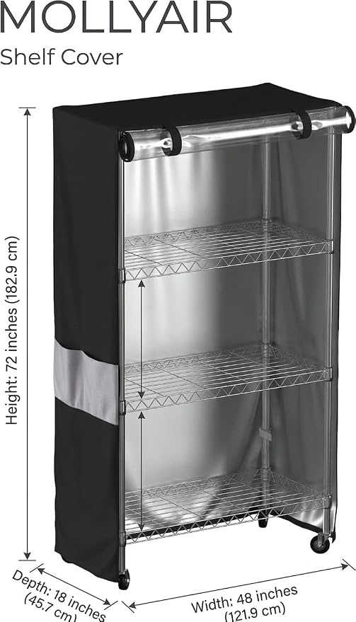 48x18x72 Shelf Cover, Waterproof 600D Oxford Rack Cover for Garage Shelving | Rack Cover with Clear PVC Window, Side Zippers, Buckles & Pocket for 48x18x72 Garage Storage