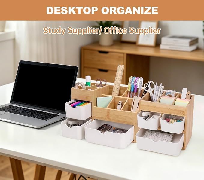 Bamboo Organizer with 3 Drawers, Small Organizer for Bathroom Countertop, Makeup Vanity Skincare/Cosmetic Organizer Box, Desktop Organization for Stationery, Adjustable & No Assembly Required