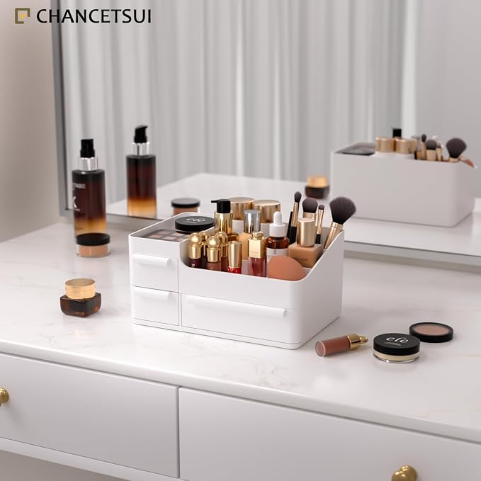 Makeup Organizer Countertop for Vanity: Dresser Bathroom Cosmetic Storage | Minimalistic Small White Aesthetic Desk Storage with Drawers for Counter