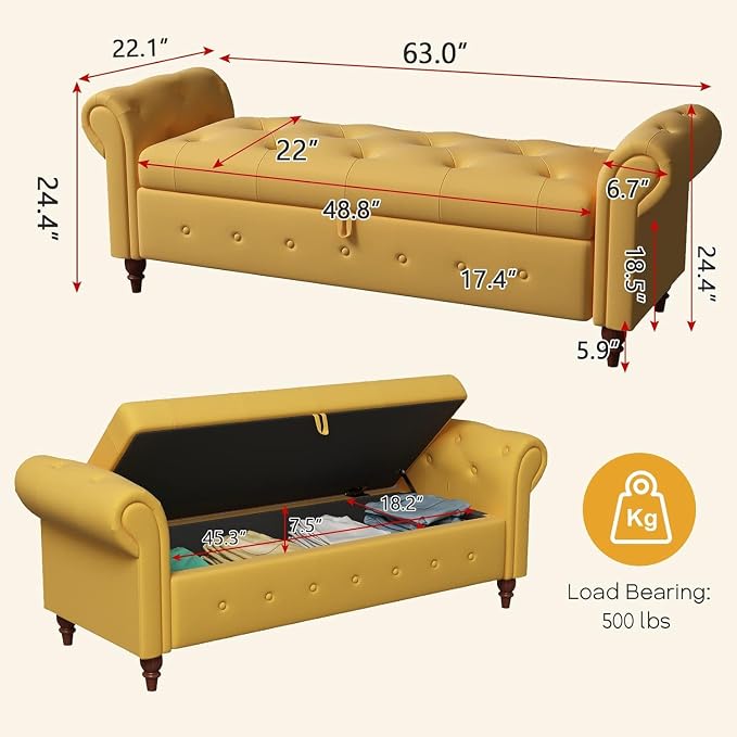 NIOIIKIT 63'' Storage Ottoman Bench, Tufted Entryway Bench Yellow Polyester | Button Tufted End of Bed, Large Storage Space, Rolled Armed Ottoman Couch Long Bench for Bedroom, Living Room, Hallway