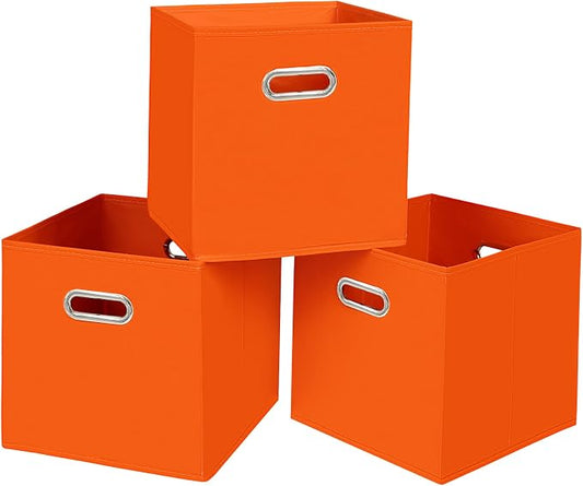 Black Fabric Cubby Storage Bins,13x13x13 Inches ,Cube Organizer Bin Foldable Storage Boxes with Dual Handles Fabric Organizer Box and collapsible Storage basket,Set of 3,Orange