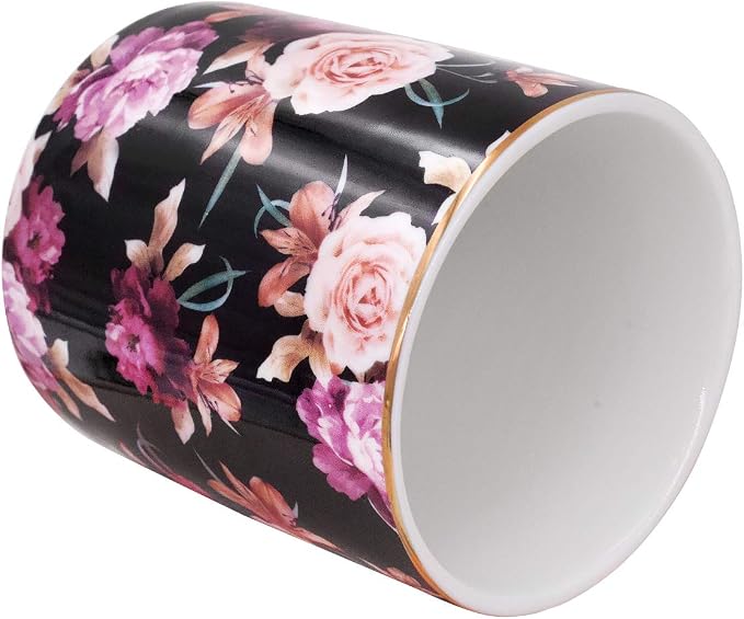 Pen Holder for Desk, Pencil Cup Holder, Cute Floral Makeup Brush Holder Durable Ceramic Flower Design Desk Pencil Organizer for Office, Classroom, Black