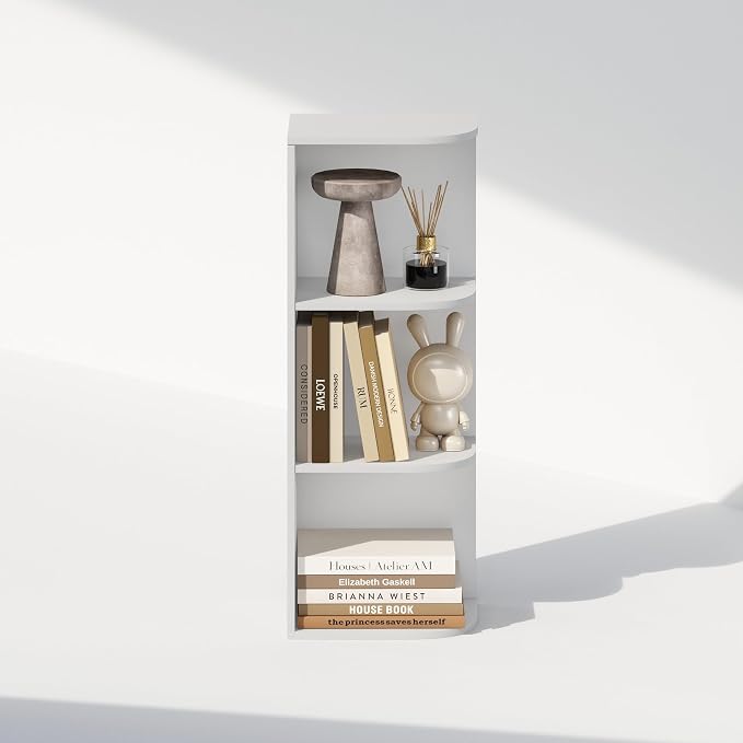 Furinno Reed Corner Shelf, 3-Tier Corner Bookshelf, Book Shelf, Corner Shelves, Storage Rack, for Organization and Storage, Home Office, Living Room, White