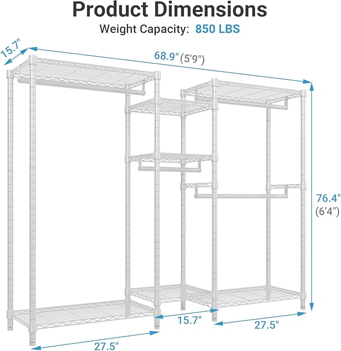VIPEK Classic V6 Wire Garment Rack, Dynamic Closet System Adjustable | White Heavy Duty Metal Freestanding Clothing Rack 850lbs Capacity, 6FT Wide Closet Organizer System for Bedroom