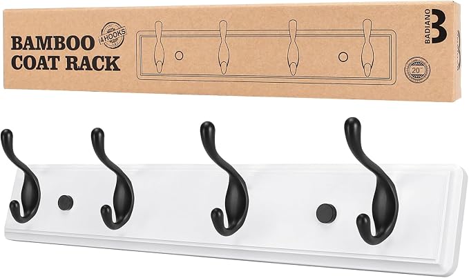 Badiano Wooden Coat Rack, Wall-Mounted Organizer for Closet, Entryway, Hallway, Foyer, Bedroom, Heavy Duty Double Hooks for Hanging Towels, Bags, Hats, Jackets, Key (WhiteBlack, 4 Hooks)