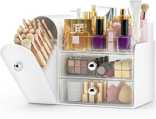 Makeup Organizer,Vanity Organizer with Makeup Brush Holder,White | Waterproof,Dustproof,Clear Drawer,Large Capacity,Storage Lipstick,Perfumes,Skincare for Dresser,Bathroom Countertop,Desk,Gift