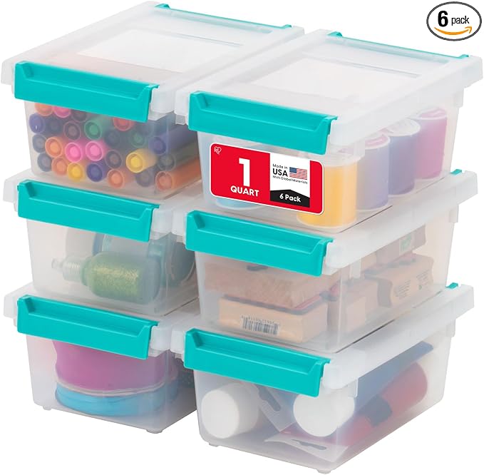 IRIS USA Storage Bins with Lids |Made in USA| 1 Qt - (6-Pack) - Clear | Sensory Craft Organizers, Plastic Clip Box Totes, Flat Containers for Organizing Paper, Office, Art & Study Supplies