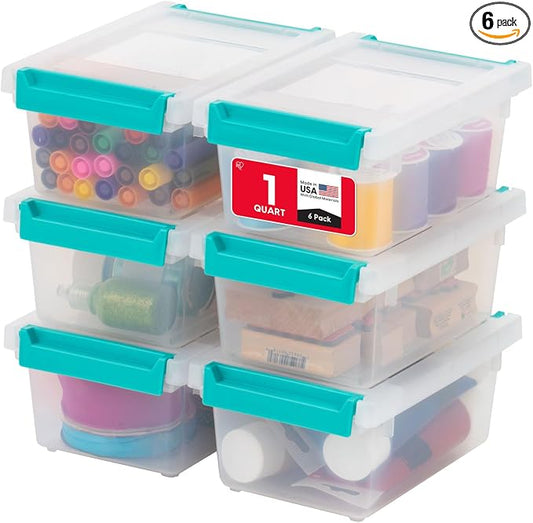 IRIS USA Storage Bins with Lids |Made in USA| 1 Qt - (6-Pack) - Clear | Sensory Craft Organizers, Plastic Clip Box Totes, Flat Containers for Organizing Paper, Office, Art & Study Supplies