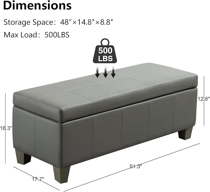 51 Inch Storage Ottoman, Storage Bench with Safety Hinge, Upholstered Synthetic Leather Ottoman Bench for Bedroom, Living Room, Entryway, Hallway, Foot Rest, Support 500lbs