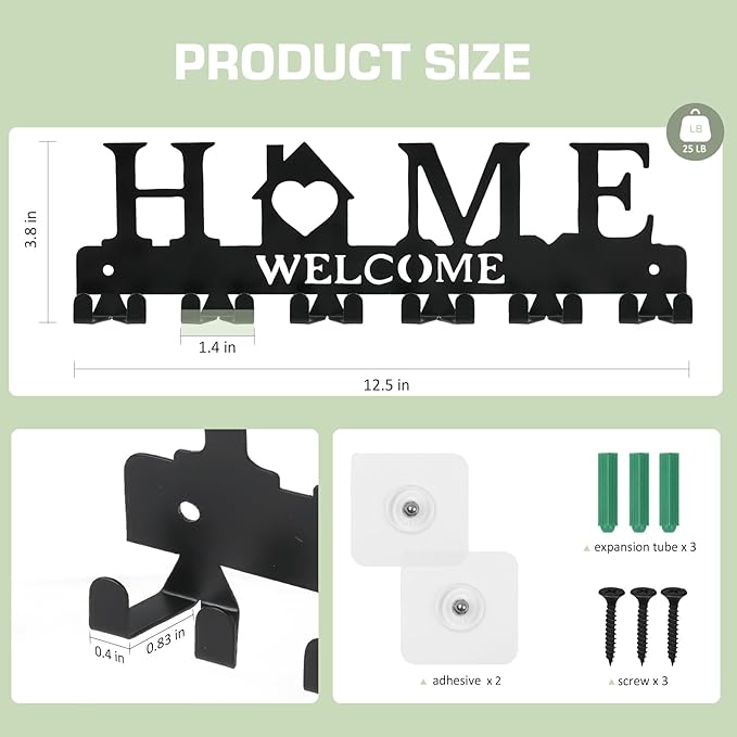 Key Holder Wall Mount, Adhesive Key Hanger with 12 Hooks, Black | Metal Material, 2 Mount Options, Compact Design, Cute Wall Decoration, Suit for Entryway, Doorway, Hallway, RV, Garage