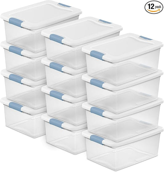 Sterilite 15 Qt Latching Storage Box, Stackable Bin with Latch Lid, Plastic Container to Organize Closet Shelf, Clear with White Lid, (Pack of 12) | Heavy-Duty and Stackable Plastic Containers with Latches for Closet, Cabinet, Bedroom, Bathroom and Dor...