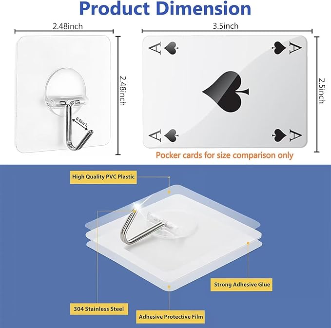 JINSHUNFA Adhesive Wall Hooks 13LB Heavy Duty No Drill Transparent Waterproof Hooks for Bathroom Kitchen Towel Coat 12 Pack