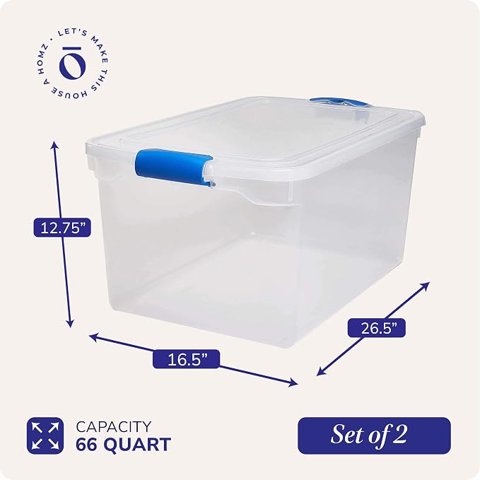 HOMZ 66 Quart Secure Seal Latch Clear Plastic Bin | Stackable & Nestable | Easy Grip Latching Handles | Home, Office, Dorm Room Organization | Blue Handles, 2 Pack | Large Stackable Container Boxes for Homes, Bathrooms, Garages, and Office Organization