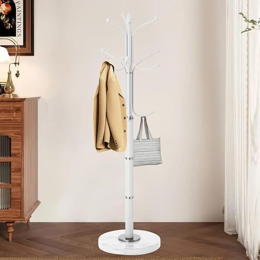 OIRUMIE Coat Rack,Coat Rack Freestanding with 12 Hooks for Entryway,Corner | Metal Coat Rack Stand with Natural Marble Base, White Modern Coat Hanger Stand, Clothes Hall Tree Stand for Hallway