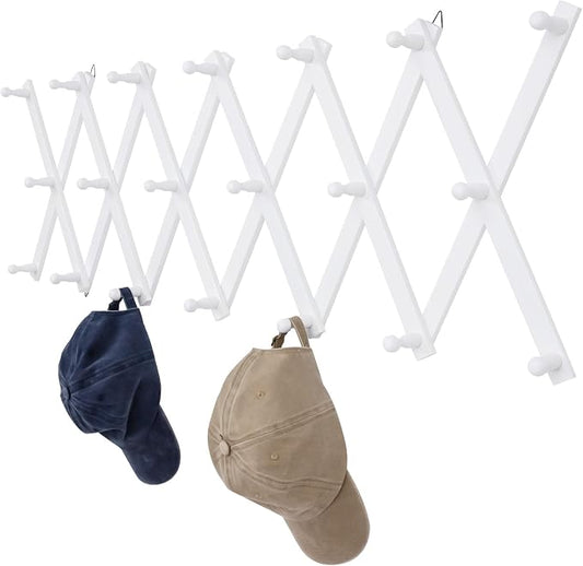 SCUNDA Wall Rack with 20 Hooks, Wooden Wall Expandable Coat Rack for Coat, Hats, Baseball Caps, Coffee Mug, Jewelry(White)