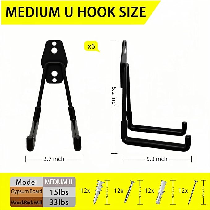 6 Pack Garage Hooks Heavy Duty with Anti-Slip Coating, Steel Utility Ladder Hooks for Hanging Garden Tools, Hoses, Ropes, Bikes and More (5.3in)