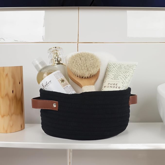 Small Woven Cotton Rope Basket with Leather Handle, Black | Mini Round Storage Basket, Empty Gift Basket, Nursery Toy Organizer, Decorative Shelf Bin, Boho Room Decor