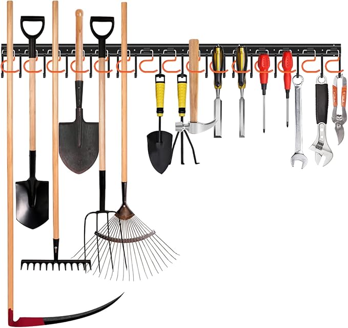 TVKB 51'' All Metal Garden Tool Organizer Adjustable Garage Tool Organizer Wall Mount Garage Organizers and Storage with Heavy Duty Hooks Tool Hangers for Garage Wall, Shed, Garden