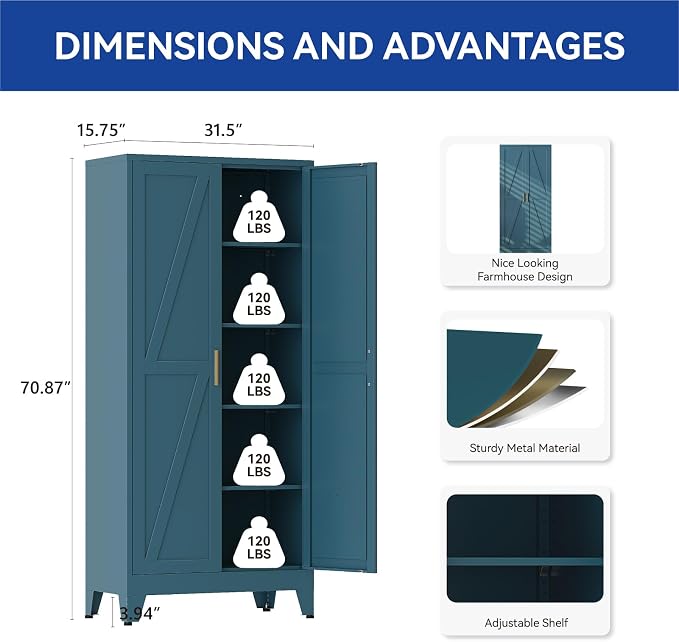 COFaR 71'' Tall Metal Storage Cabinet, Farmhouse Kitchen Pantry Cabinet with Doors and 4 Adjustable Shelves, Metal Pantry Storage Cabinets for Kitchen, Laundry, Peacock Blue 5-Tier