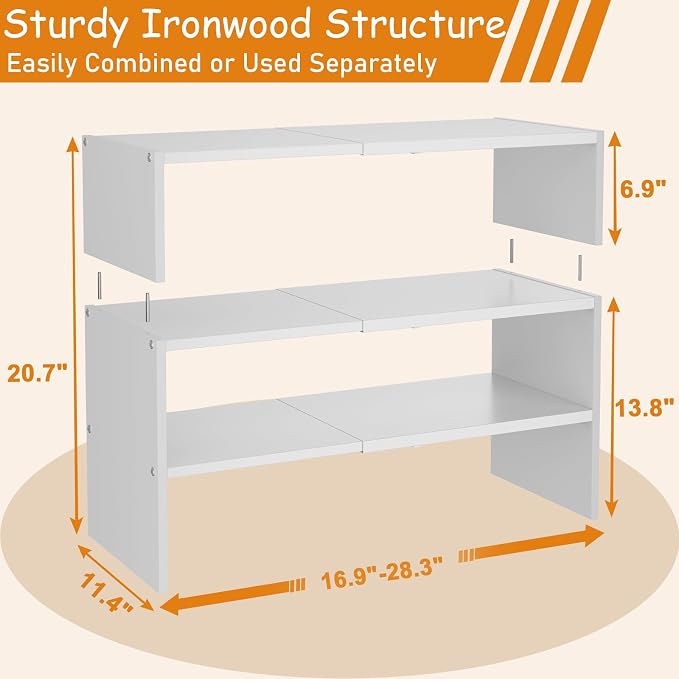 3-Tier Expandable White Shoe Rack Organizer for Closet, Stackable Shoe Racks Storage Shelf, Small Metal Wood Combination Shoe Shelves for Closets,Entryway,Front Door, Narrow Space,Hallway,8-16 Pairs