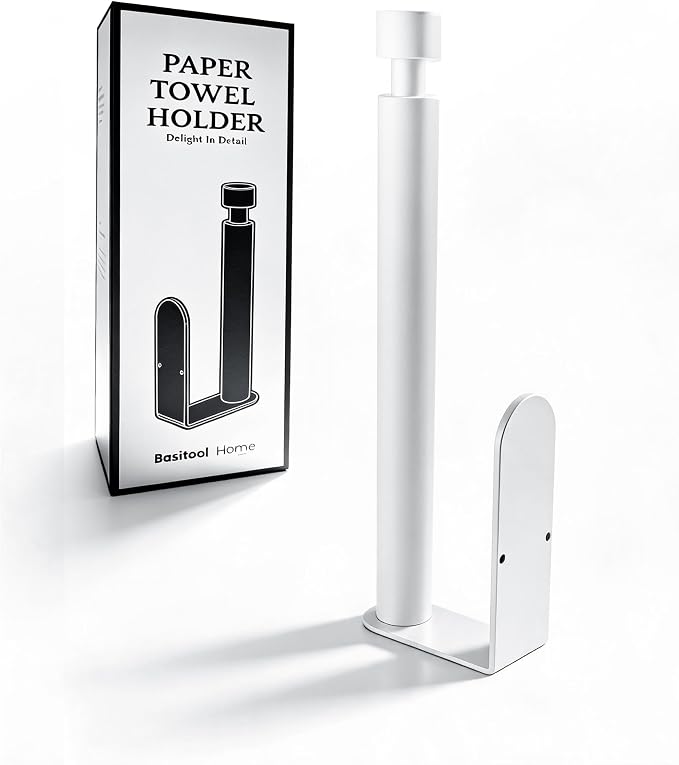 Paper Towel Holder Under Cabinet Adhesive or Drilling White | Drill Wall Mount or Adhesive, Easy Roll Loading, Heavy Duty, Stainless Steel Paper Towel Roll Rack for Kitchen, Bathroom