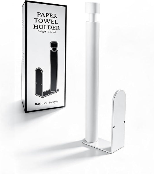 Paper Towel Holder Under Cabinet Adhesive or Drilling White | Drill Wall Mount or Adhesive, Easy Roll Loading, Heavy Duty, Stainless Steel Paper Towel Roll Rack for Kitchen, Bathroom