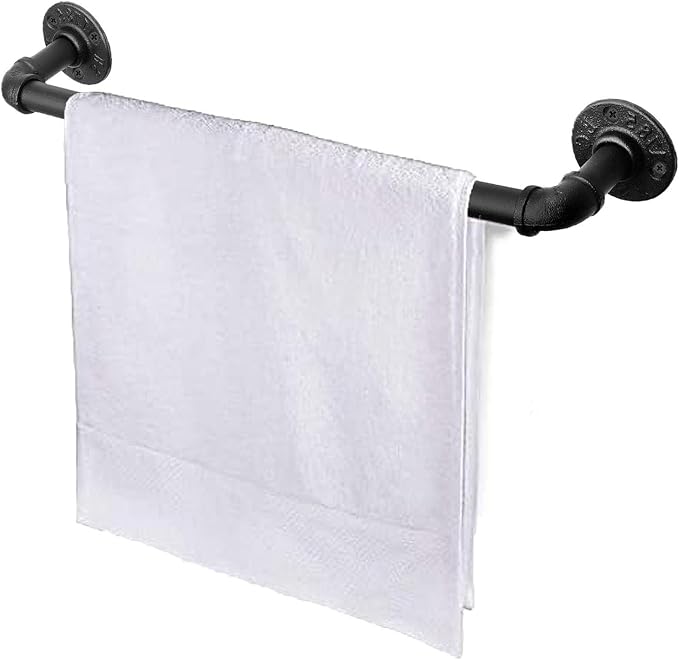 Industrial Pipe Towel Rack Towel Bar, Heavy Duty Wall Mounted Rustic Farmhouse Bath Towel Holder for Bathroom (Black, 18 Inch)